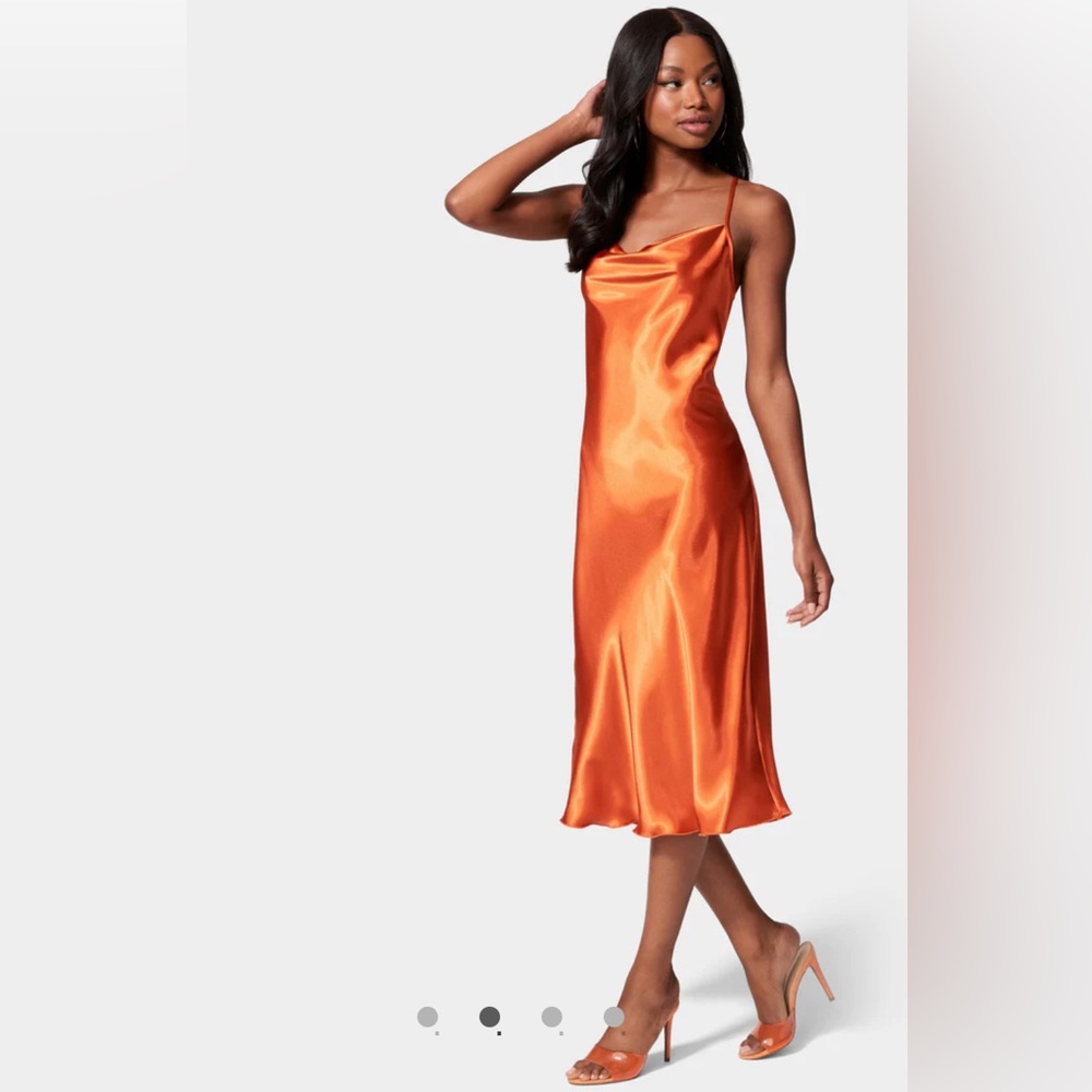 Bebe Red Satin Cowl Neck Slip Midi Dress